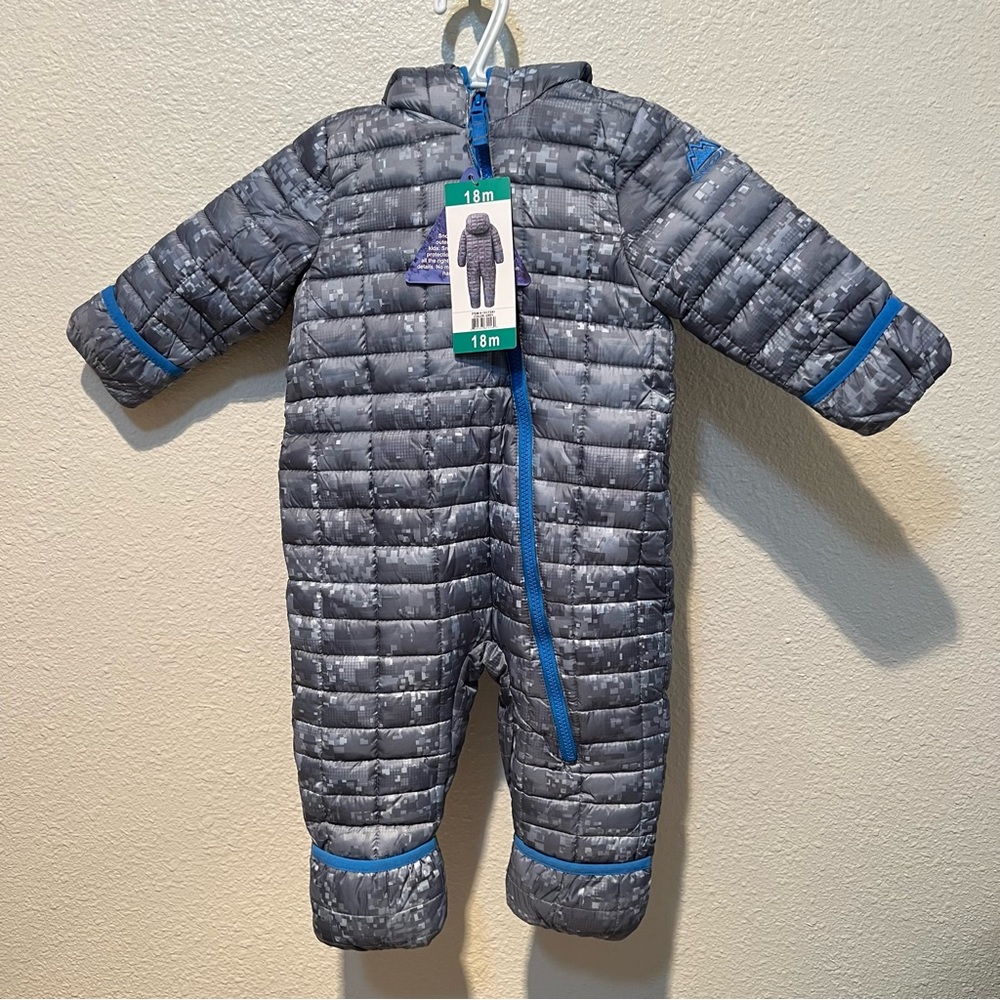 Snozu Infant 1-piece Snowsuit Gray Print with Blue Fleece Lining  18m  NWT
